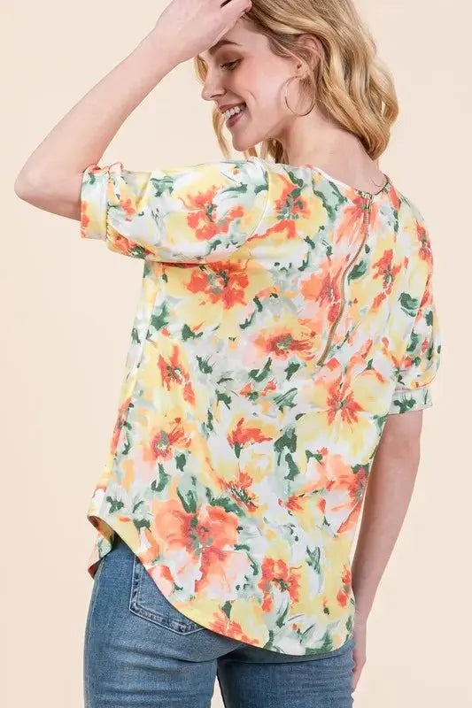 BOMBOM Floral Round Neck Puff Sleeve Top for Women - Love Salve